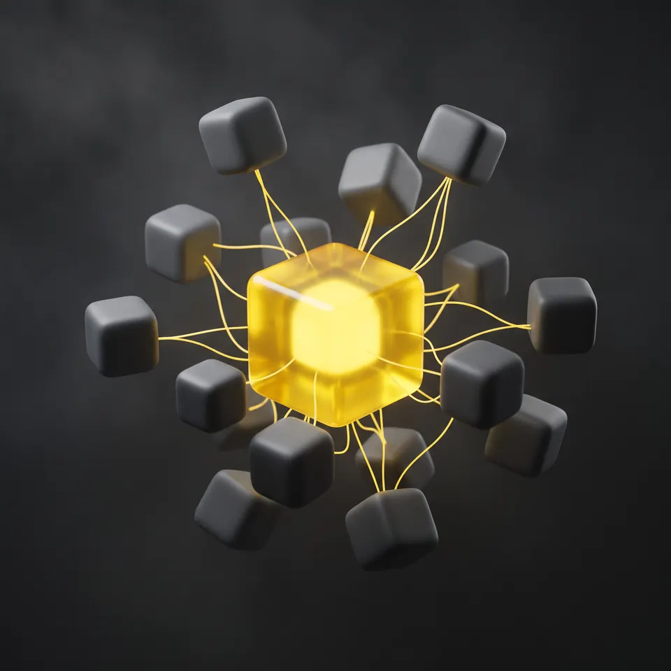 Cubos de grafite orbitando um cubo de vidro amarelo aceso, ligados por filamentos de luz.