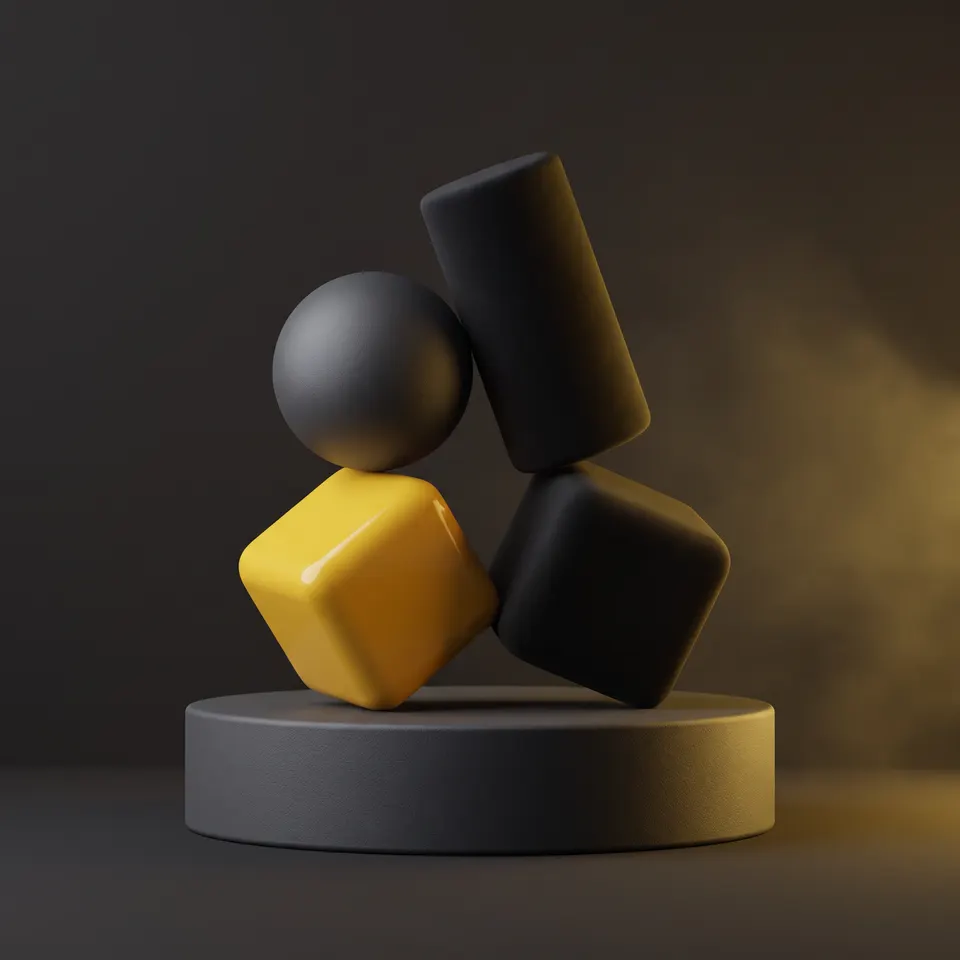 Esfera, cubo e cilindro de grafite equilibrados sobre um pedestal, com um cubo amarelo.